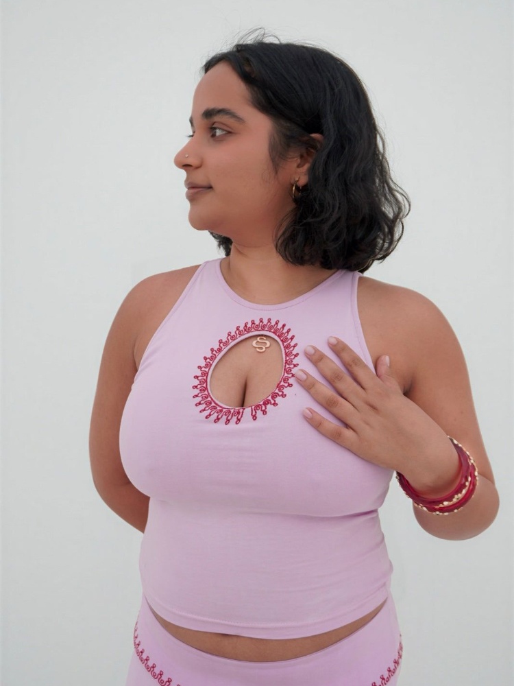 Lexi Minetree, who plays Elle in the upcoming Legally Blonde prequel series 'Elle' in a beaded blue outfit by Indian brand Mirchi by Kim